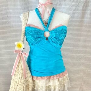 ♡ beachy embroidered tankini halter top with metal o ring detail ♡🥥